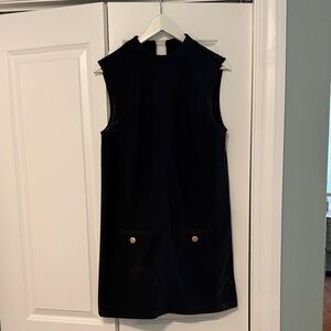 Sleeveless Shift Dress with Gold Button Pocket Detail - Navy